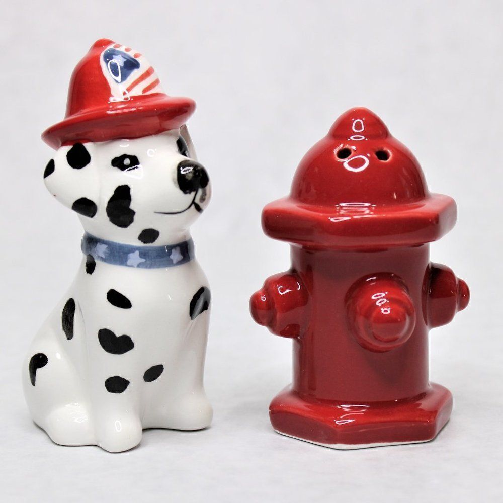 Collectable Dalmatian Puppy Dog & Red Fire Hydrant Salt & Pepper Shakers 